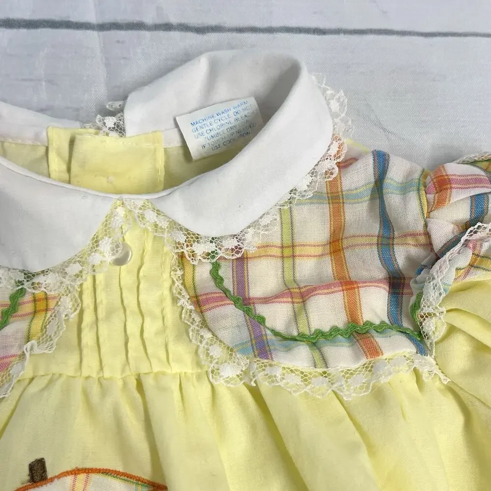 Vintage Set of 2 Cradle Togs Dress sz 9-12 Months Yellow Duck Purple Embroidery